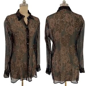 Transit Italy Brown Silk Dainty See Through Floral Blouse 2 S